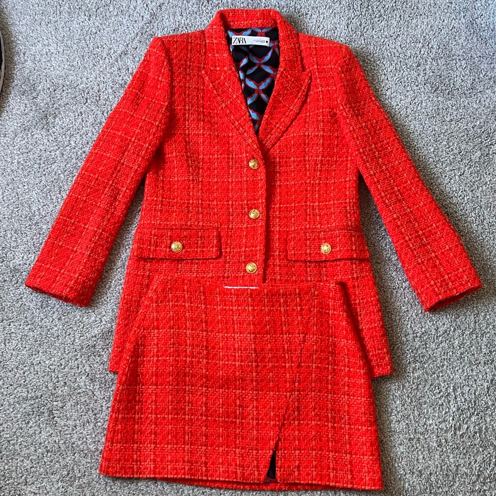 ZARA Orange Red Tweed Suit favorite of ZARA bloggers